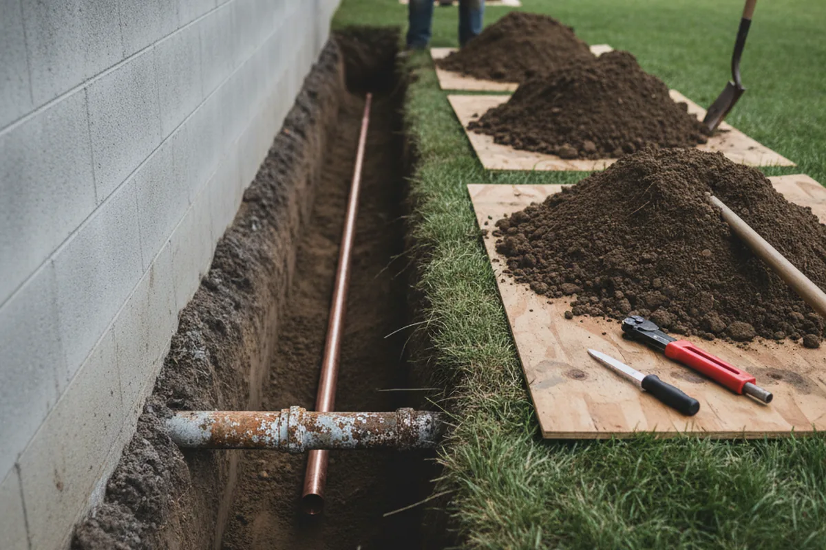 Excavated water line trench during Water Softener Installation in San Marino